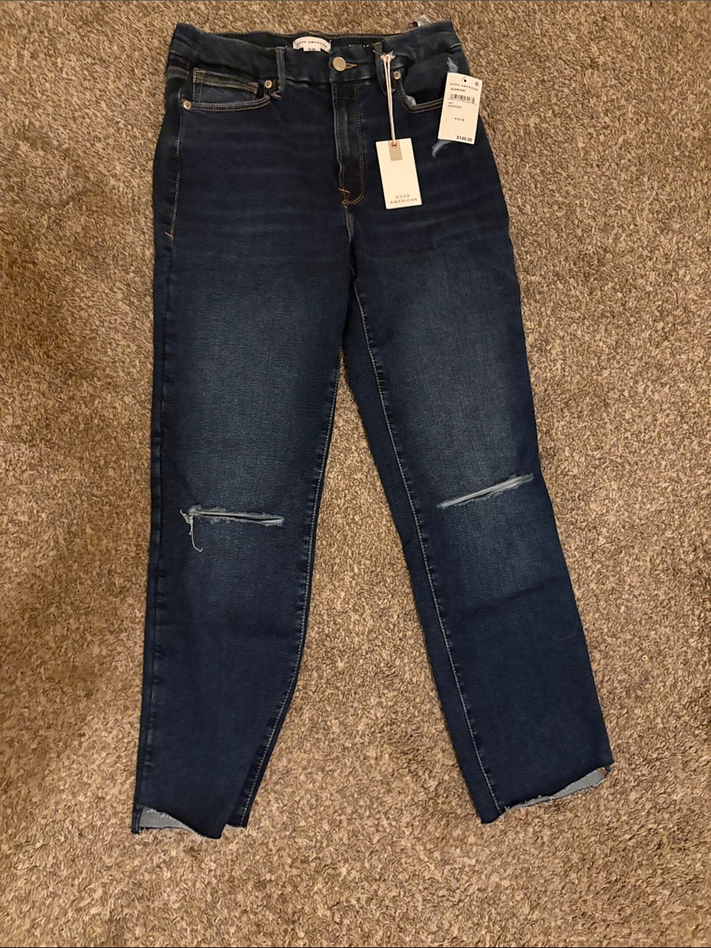 Good American Dark Wash Good Leg Straight Jeans with Knee Rips